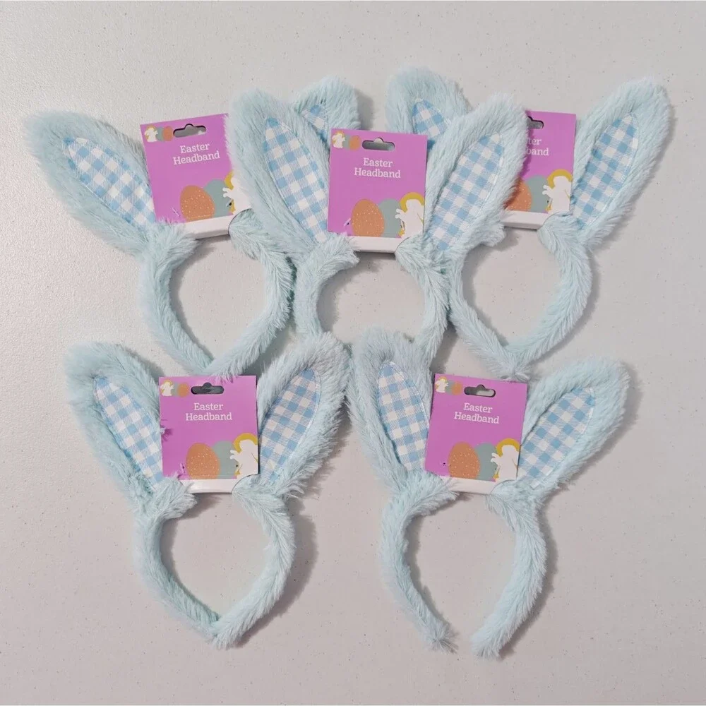 New DanDee Easter Bunny Ears Headband 8 Lot White Blue Plush Gingham Plaid NWT